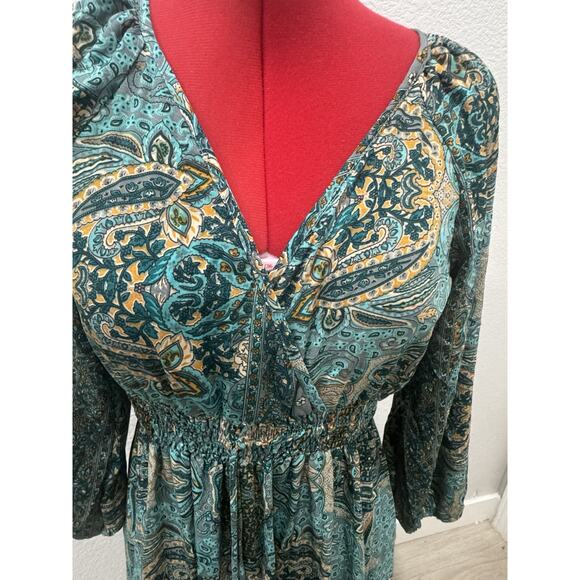Paisley Print Maxi Dress Long Sleeve Teal Green Bohemian Style - Picture 2 of 7